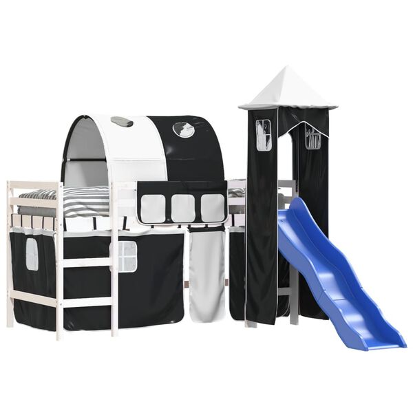 vidaXL Детско високо легло с кула, бяло и черно, 90x190 см, бор масив