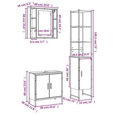 vidaXL Комплект шкафове за баня от 3 части, черен, инженерно дърво