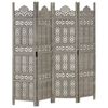 vidaXL Ръчно резбован параван, 4 панела, сив, 160x165 cм, манго масив