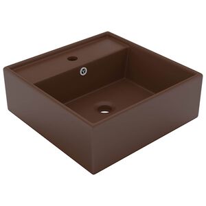 vidaXL Мивка с преливник лукс квадрат тъмнокафяв мат 41x41 см керамика