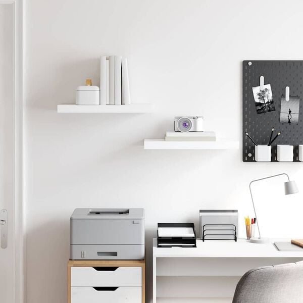 vidaXL Окачени стенни рафтове, 2 бр, бял гланц, 50x23x3,8 см, МДФ