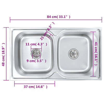 vidaXL Кухненска мивка двойно корито цедка и сифон неръждаема стомана