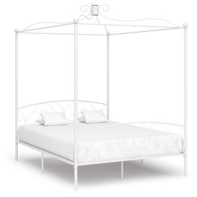 vidaXL Рамка за легло с балдахин, бяла, метал, 160x200 см