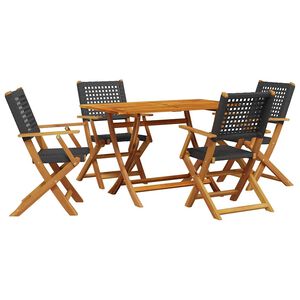 vidaXL Градински трапезен комплект, 5 части, черен, полиратан и масив