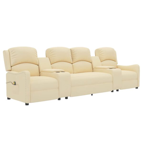 vidaXL 4-местен масажен реклайнер с държачи за чаши, кремав, текстил