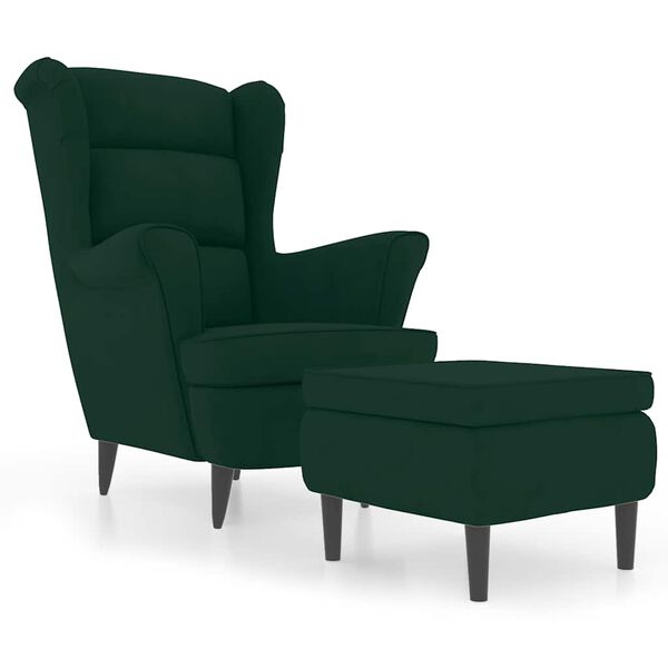 vidaXL Фотьойл Wingback с табуретка, тъмнозелена, кадифе