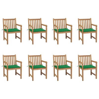 vidaXL Градински столове, 8 бр, зелени възглавници, тиково дърво масив