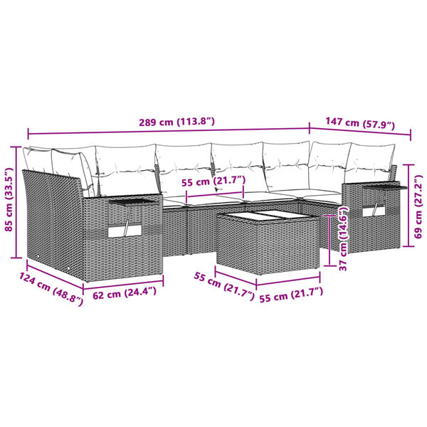 vidaXL Градински комплект с възглавници, 8 части, светлосив полиратан