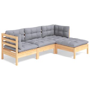 vidaXL Градински лаундж комплект със сиви възглавници, 4 части, бор