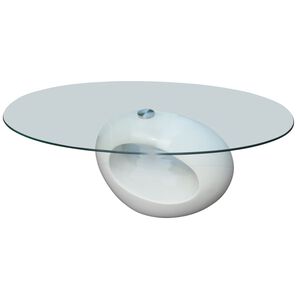vidaXL Маса за кафе с овален стъклен плот, силен гланц, бяла