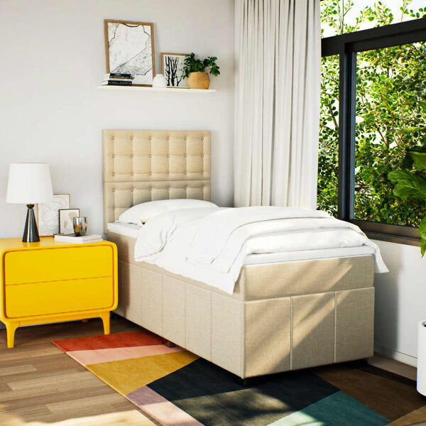 vidaXL Боксспринг легло с матрак, кремава, 90x200 см, плат