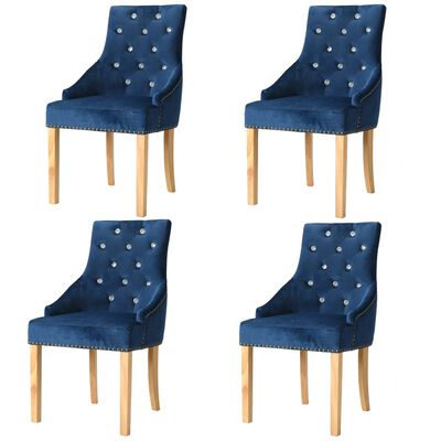 vidaXL Трапезни столове, 4 бр, сини, дъб масив и кадифе