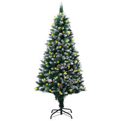 vidaXL Изкуствена коледна елха с LED шишарки и бял сняг 150 см