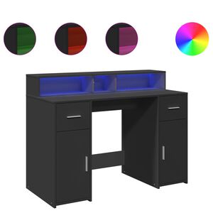 vidaXL Бюро с LED осветление, черно, 120x55x91 см, инженерно дърво