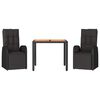 vidaXL Градински трапезен комплект, 3 части, черен, полиратан и акация