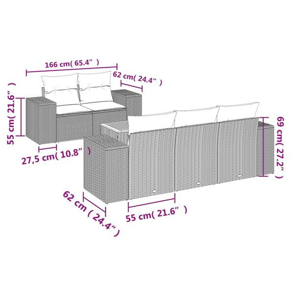 vidaXL Градински диван с възглавници, 6 части, полиратан, сив