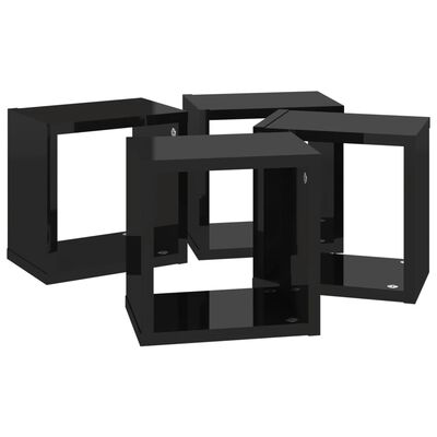 vidaXL Стенни кубични рафтове, 4 бр, черен гланц, 22x15x22 см