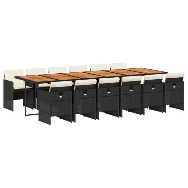 vidaXL Външен трапезен комплект 13 части с възглавници черен полиратан