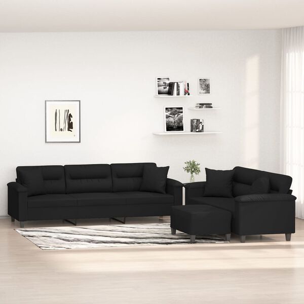 vidaXL Комплект дивани 3 части с възглавници черен плат микрофибър
