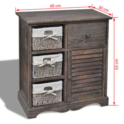 vidaXL Дървен шкаф, 3 тъкани кошници отляво, кафяв