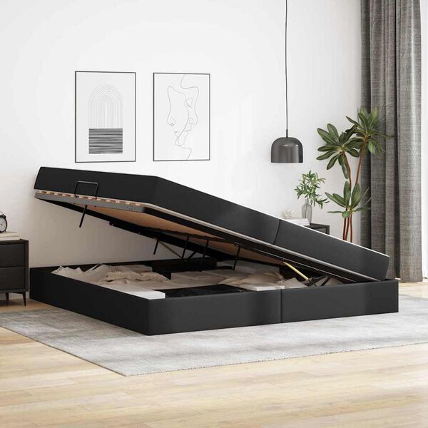 vidaXL Легло с място за съхранение и матрак с матрак 2 pcs Черно Кожа