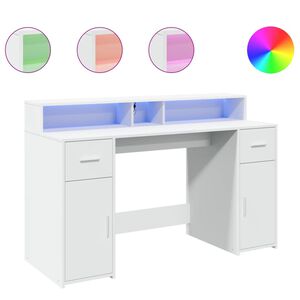 vidaXL Бюро с LED осветление, бяло, 140x55x91 см, инженерно дърво