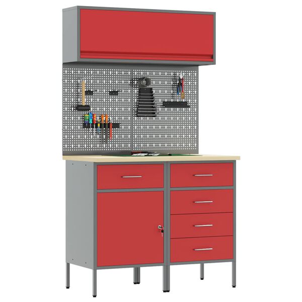 vidaXL Комплект работни шкафове с чекмедже с рафт 5 pcs Червено