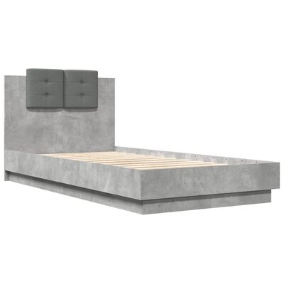 vidaXL Рамка за легло с табла и LED осветление, бетонно сив, 75x190 см