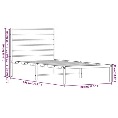 vidaXL Метална рамка за легло с горна табла, бяла, 75x190 см