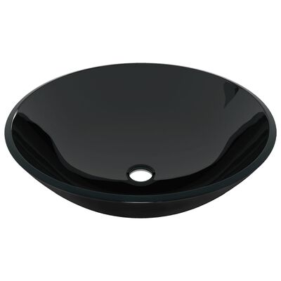 vidaXL Мивка за баня с кран и сифон, черно закалено стъкло