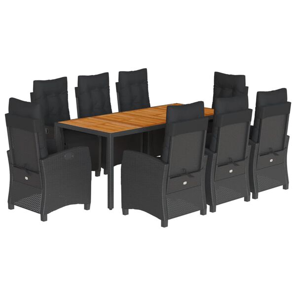 vidaXL Градински трапезен комплект възглавници 9 части черен полиратан