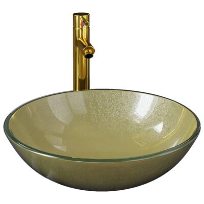 vidaXL Мивка за баня с кранче и сифон, златисто закалено стъкло