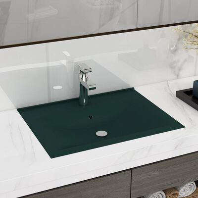 vidaXL Луксозна мивка с отвор за кран тъмнозелен мат 60x46 см керамика