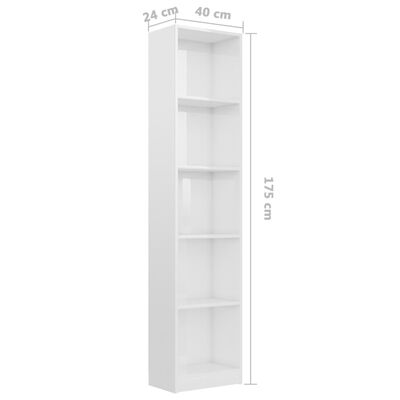 vidaXL 5-етажна библиотека, бял силен гланц, 40x24x175 см, ПДЧ