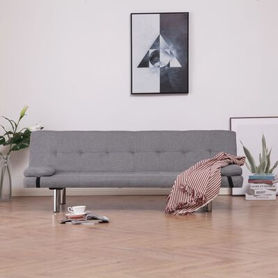 vidaXL Разтегателен диван с две възглавници, светлосив, полиестер
