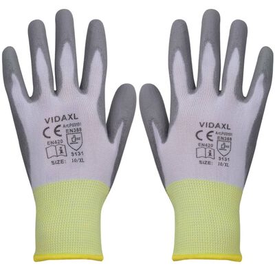 vidaXL Работни ръкавици, PU, 24 чифта, бяло и сиво, размер 10 / XL