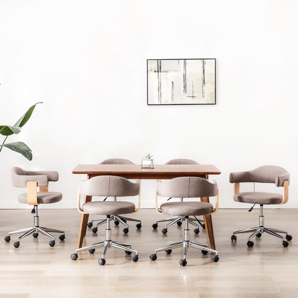 vidaXL Въртящи трапезни столове, 6 бр, таупе, извито дърво и текстил