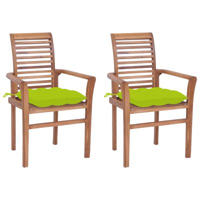 vidaXL Трапезни столове 2 бр яркозелени възглавници тик масив