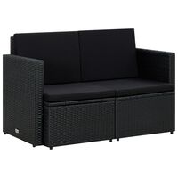 vidaXL 2-местен градински диван с възглавници, черен, полиратан
