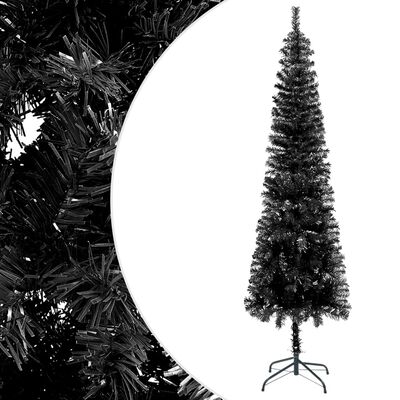 vidaXL Тънка изкуствена осветена коледна елха с топки, черна, 240 см