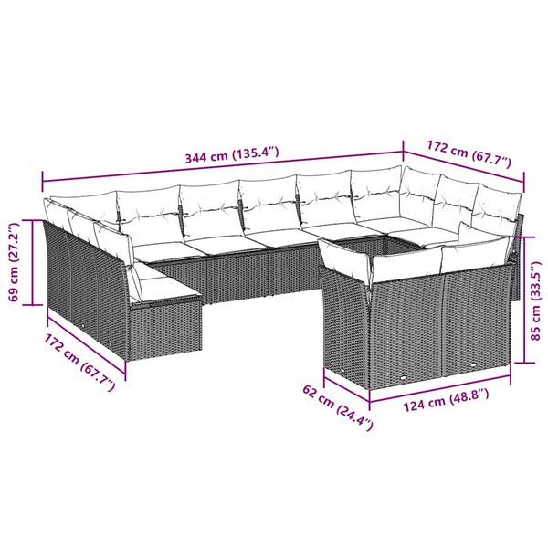 vidaXL Градински комплект с възглавници, 12 части, светлосив полиратан