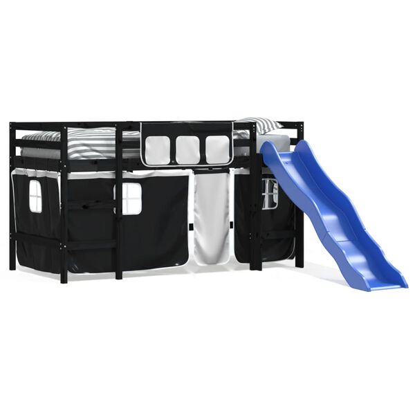 vidaXL Детско високо легло със завеси бяло и черно 80x200 см бор масив