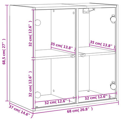 vidaXL Стенен шкаф със стъклени врати, кафяв дъб, 68x37x68,5 см