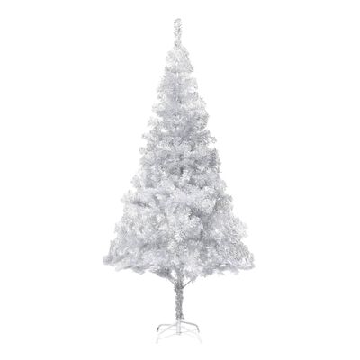 vidaXL Изкуствена осветена коледна елха със стойка сребрист 210 см PET