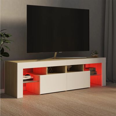 vidaXL ТВ шкаф с LED осветление, бяло и дъб сонома, 140x36,5x40 см