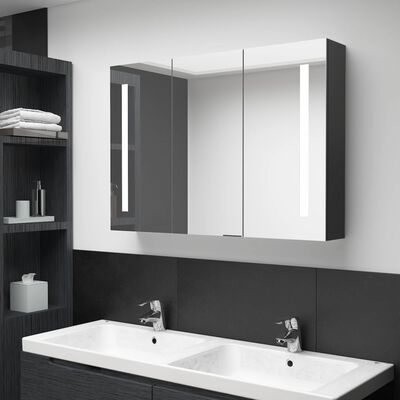 vidaXL LED шкаф с огледало за баня, 89x14x62 см, сияйно черно