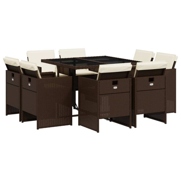 vidaXL Градински трапезен комплект възглавници 9 части кафяв полиратан