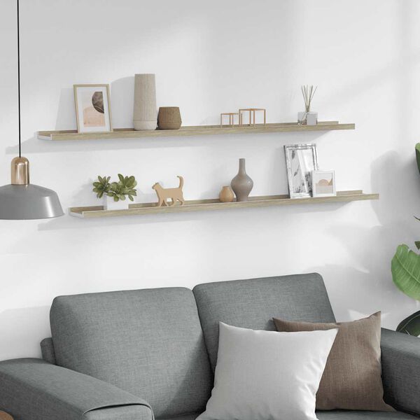 vidaXL Стенни рафтове, 2 бр, бяло и сонома дъб, 115x9x3 см