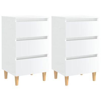vidaXL Нощни шкафчета с дървени крака, 2 бр, бял гланц, 40x35x69 см