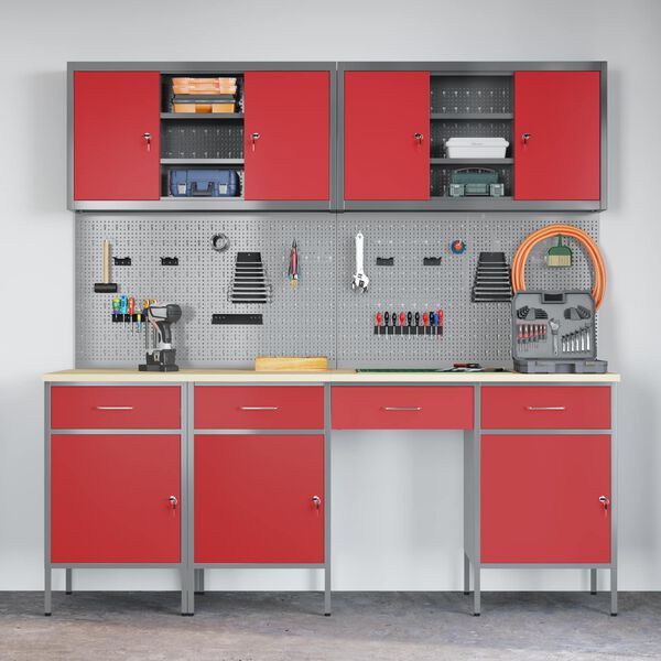 vidaXL Работен кабинет 10 pcs Червено Инженерна дървесина и стомана